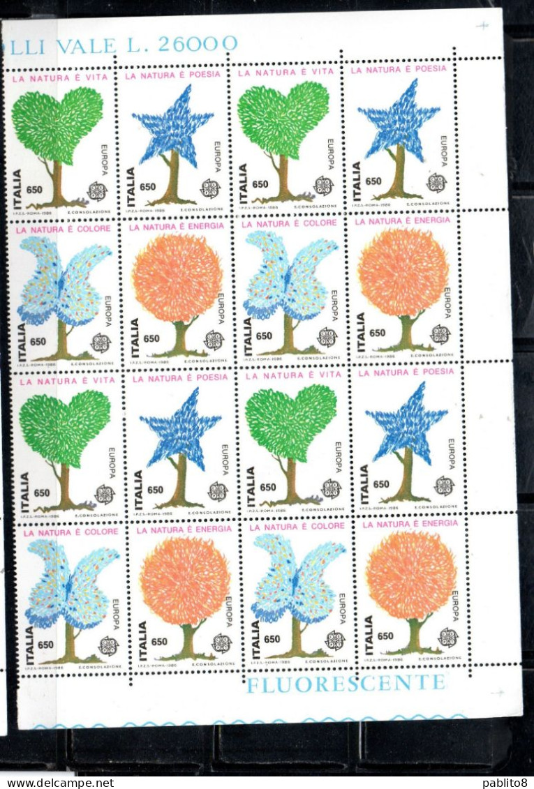 ITALIA REPUBBLICA ITALY REPUBLIC 1986 EUROPA CEPT UNITA SALVAGUARDIA NATURA SERIE BLOCCO QUARTINA ANGOLO DI FOGLIO MNH - 1981-90: Nieuw/plakker