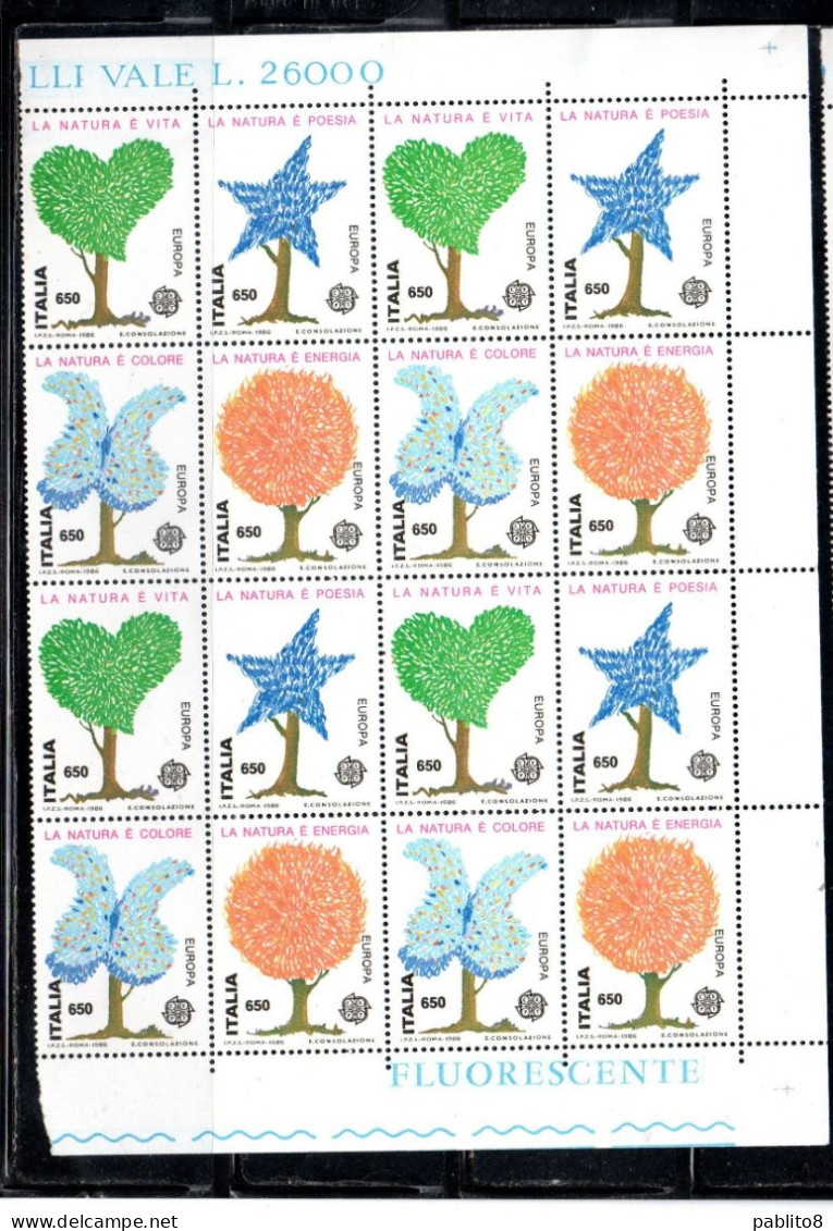 ITALIA REPUBBLICA ITALY REPUBLIC 1986 EUROPA CEPT UNITA SALVAGUARDIA NATURA SERIE BLOCCO QUARTINA ANGOLO DI FOGLIO MNH - 1981-90: Nieuw/plakker