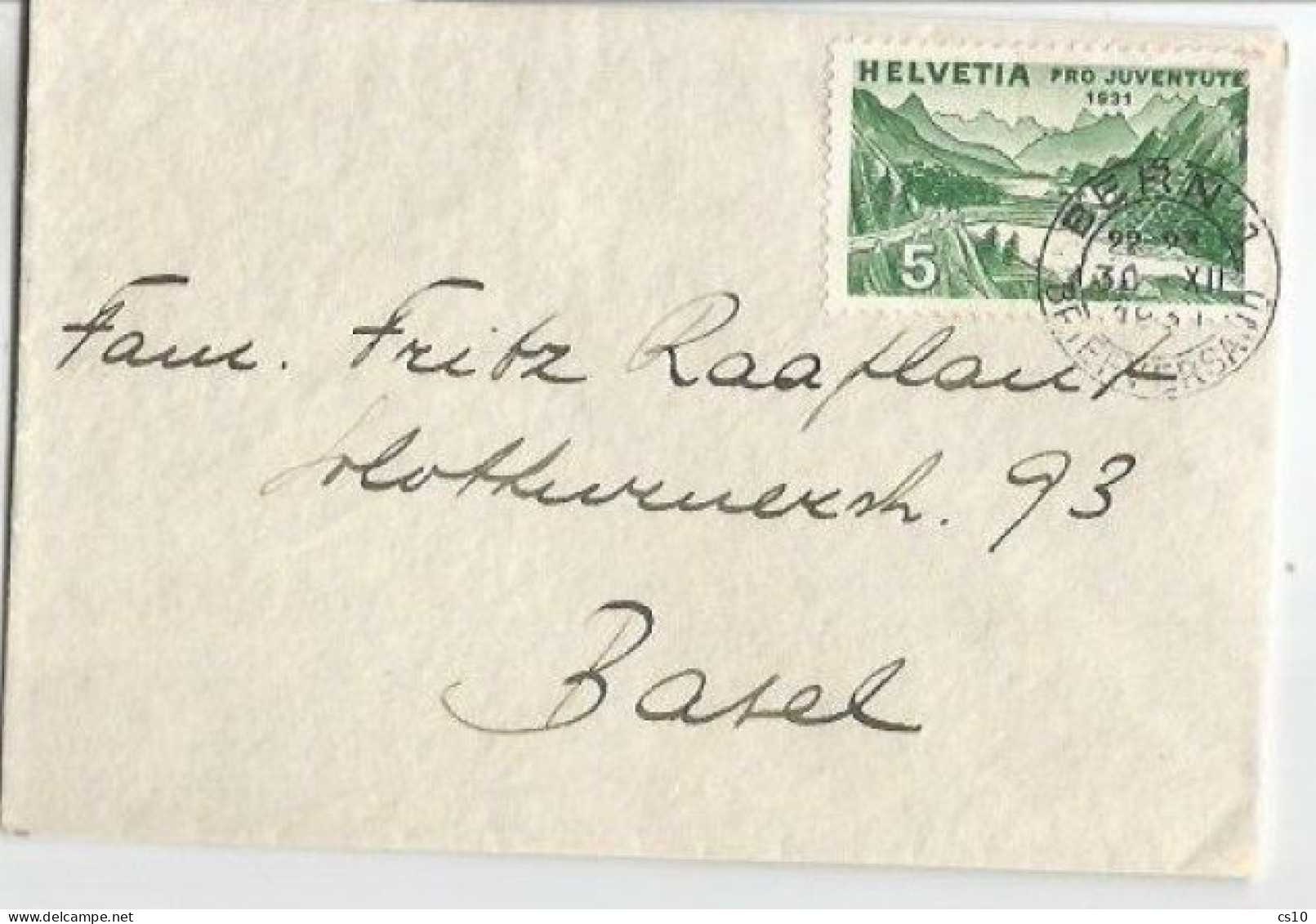 Suisse Visit Card Cover Bern 30dec1931 To Basel With Pro Juventute 1931 C.5+5 SOLO Franking - Marcophilie