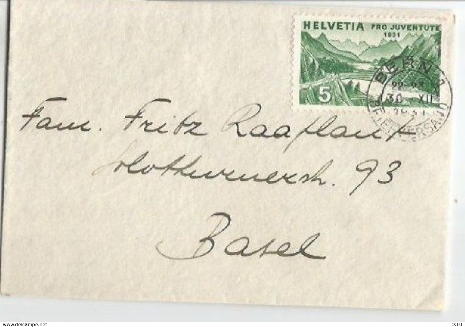 Suisse Visit Card Cover Bern 30dec1931 To Basel With Pro Juventute 1931 C.5+5 SOLO Franking - Brieven En Documenten