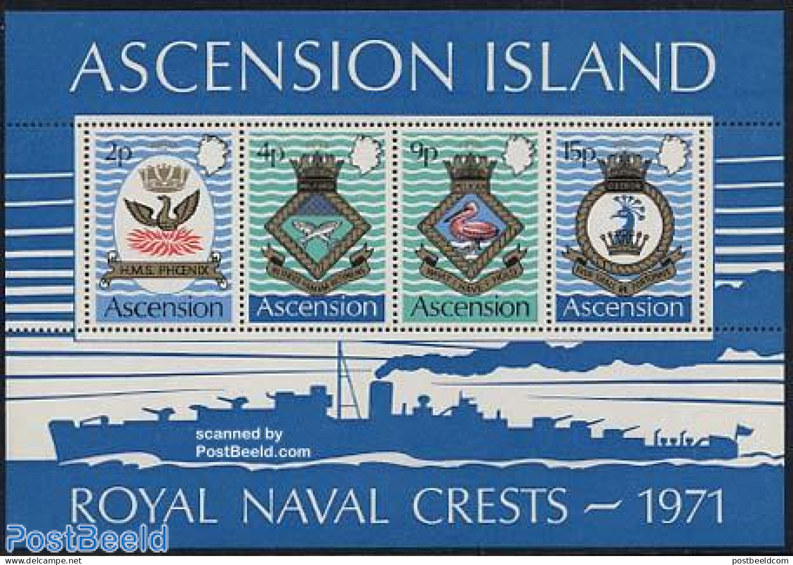 Ascension 1971 Royal Navy Naval Arms (III) S/s, Mint NH, History - Nature - Transport - Coat Of Arms - Birds - Fish - .. - Fishes