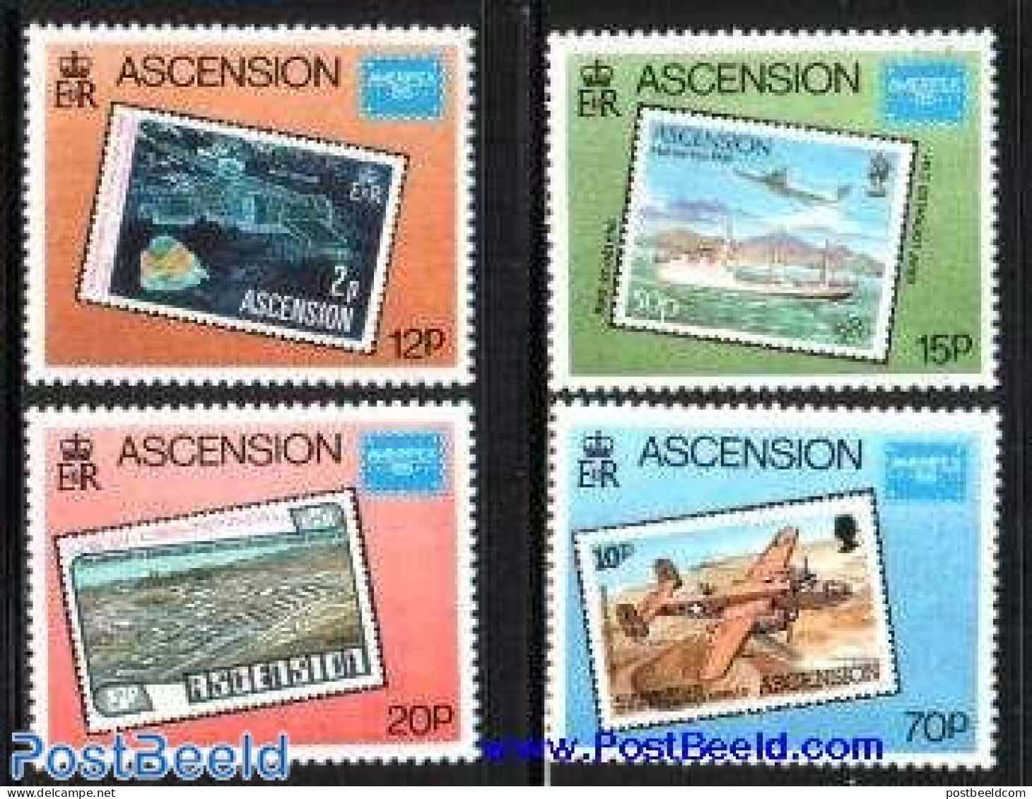 Ascension 1986 Ameripex 86 4v, Mint NH, Transport - Stamps On Stamps - Aircraft & Aviation - Ships And Boats - Space E.. - Briefmarken Auf Briefmarken