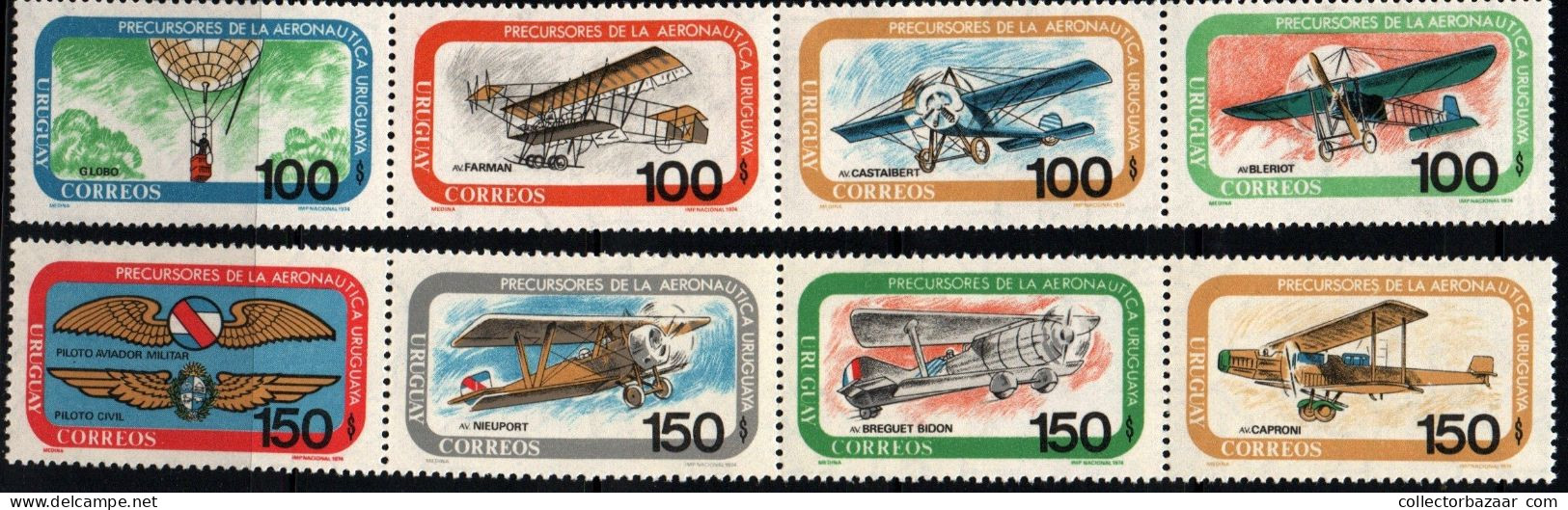 1974 Uruguay Globe Hydrogen Balloon Farman Biplane Military Pilot's Monoplane  #897 - 904 ** MNH - Uruguay