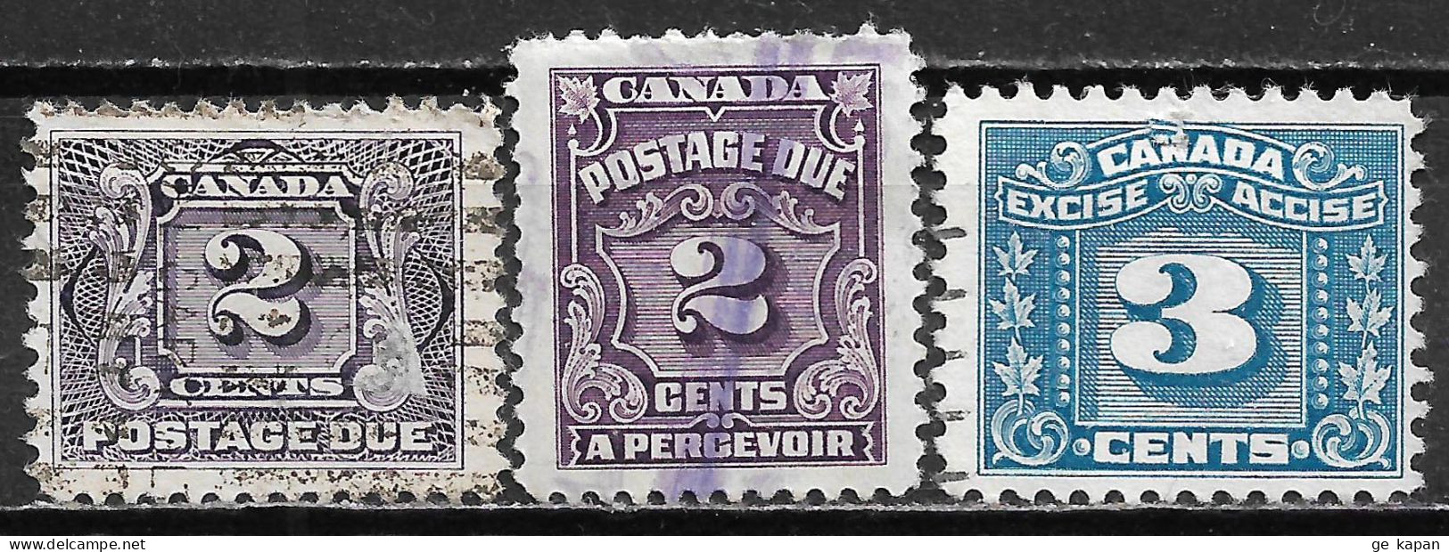 1906-1935 CANADA Used THREE LEAF EXCISE TAX + Postage Due 2 Used Stamps (Scott # J2,J16,FX64) - Postage Due