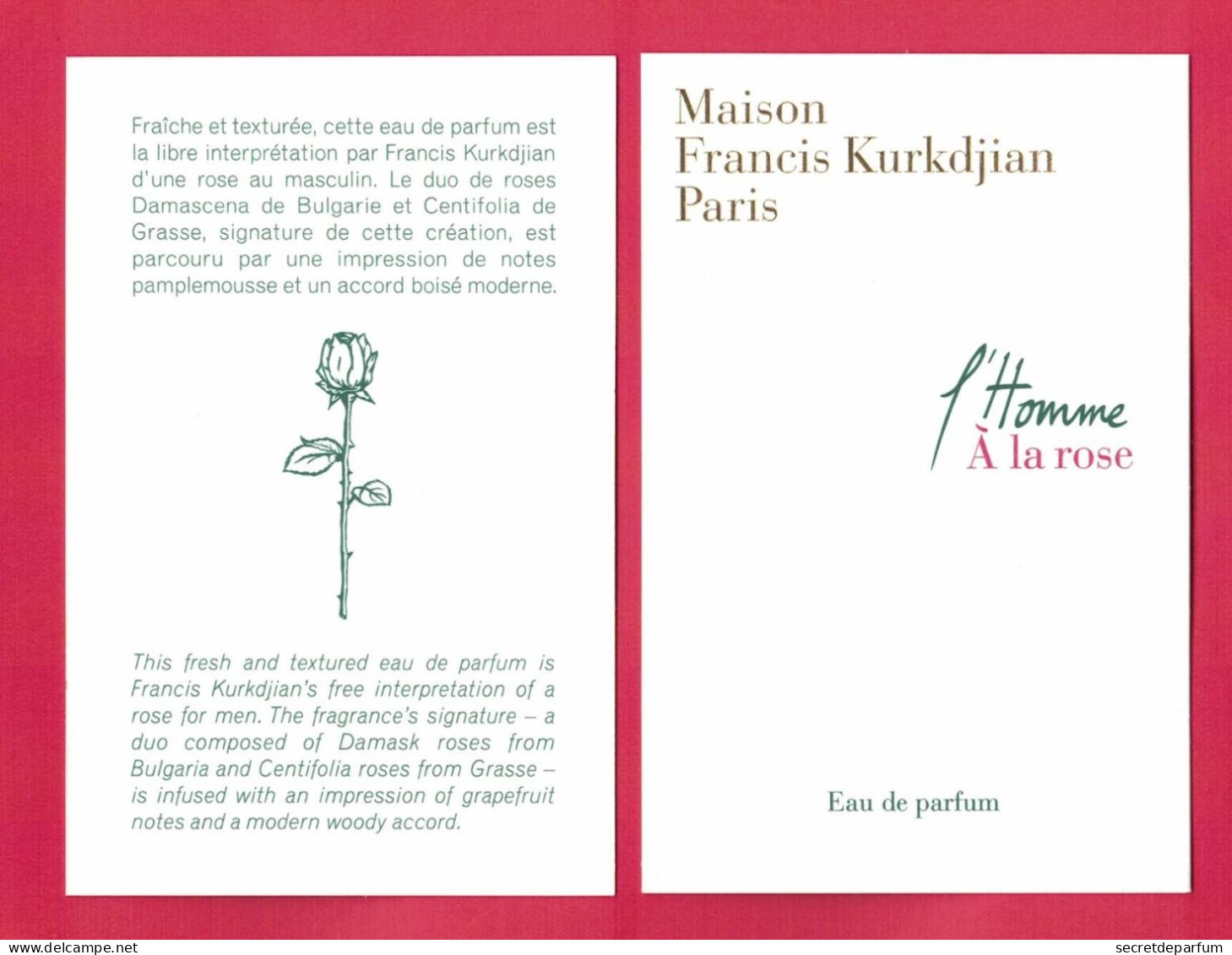 Cartes Parfumées Carte L'HOMME A LA ROSE  MAISON FRANCIS KURKDJIAN  RECTO VERSO - Profumeria Moderna (a Partire Dal 1961)