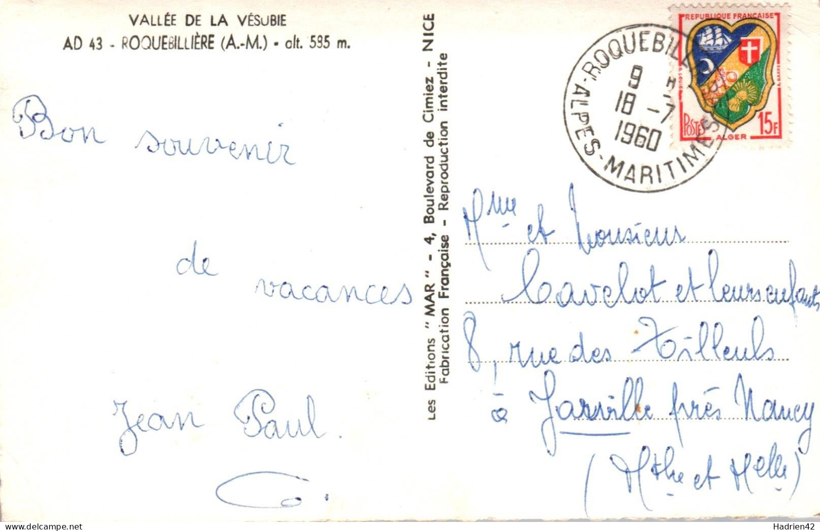 RECTO/VERSO - CPSM - ROQUEBILLIERE - VALLEE DE LA VESUBIE - CACHET 1960 - TIMBRE ALGER - Roquebilliere