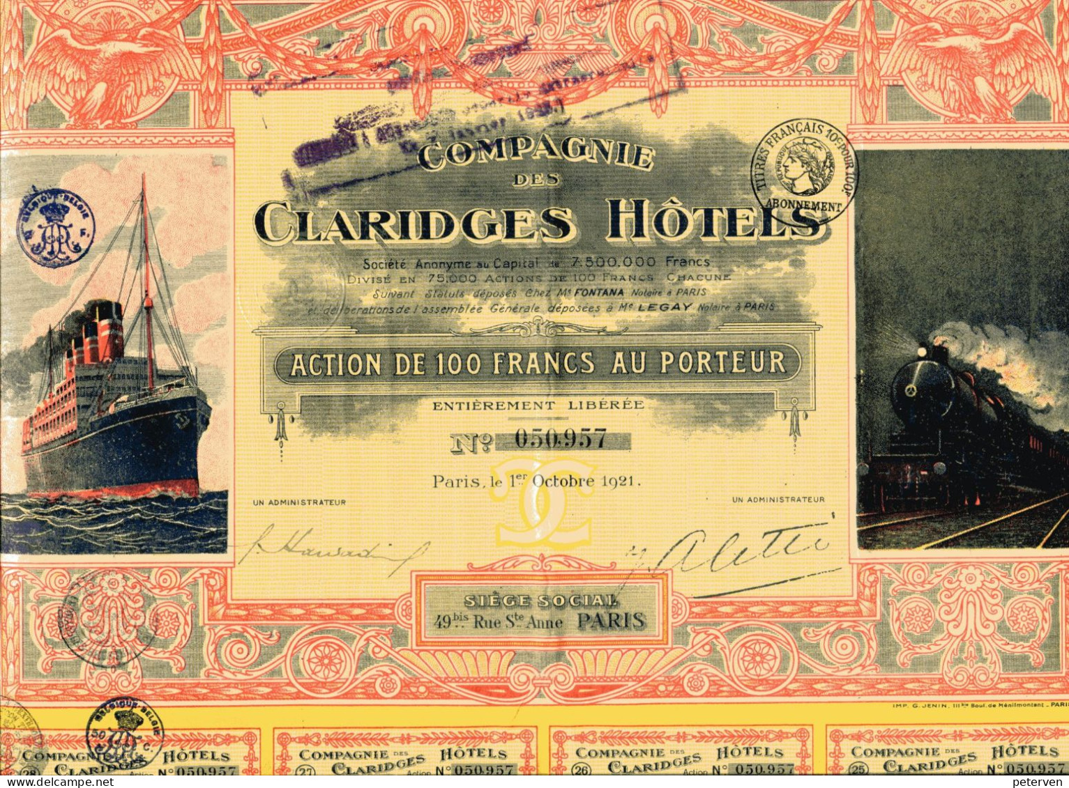 Compagnie Des CLARIDGE'S HÔTELS; Action - Tourisme