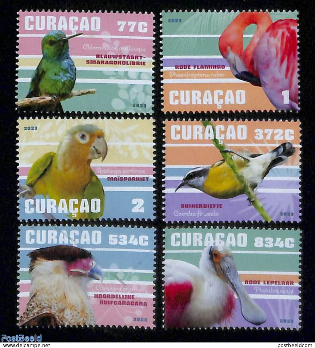 Curaçao 2023 Birds 6v, Mint NH, Nature - Birds - Parrots - Flamingo - Niederländische Antillen, Curaçao, Aruba