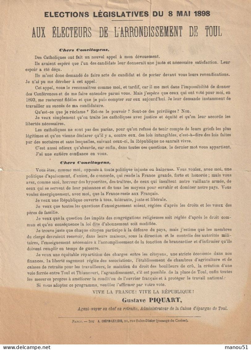 TOUL - Elections Législatives 1898 - Lettre Programme Du Candidat Catholique - Programmi