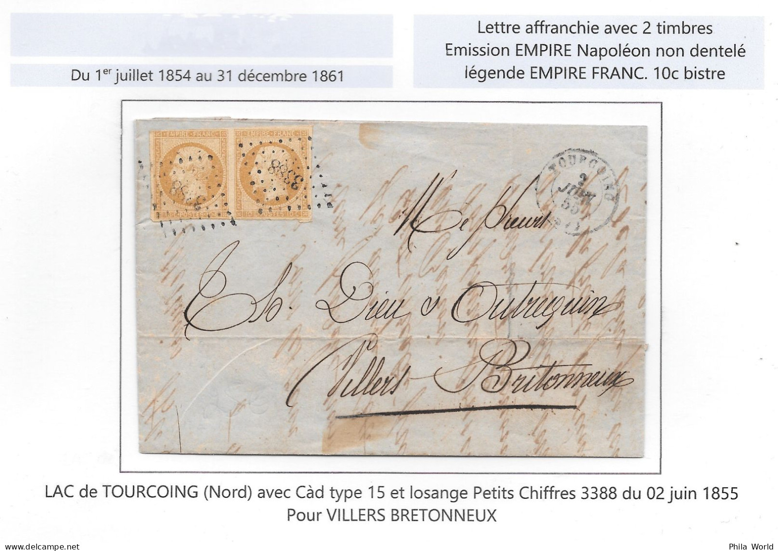 Lettre LAC 1855 Empire Napoleon ND Paire 10c Bistre TOURCOING Nord Tàd Type 15 PC 3388 > VILLERS BRETONNEUX - 1853-1860 Napoléon III.