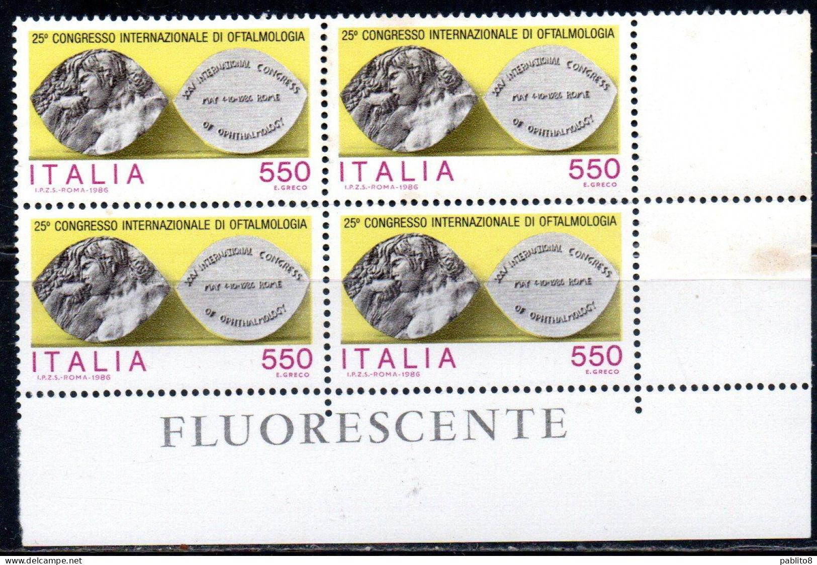 ITALIA REPUBBLICA ITALY REPUBLIC 1986 CONGRESSO DI OFTALMOLOGIA QUARTINA ANGOLO DI FOGLIO BLOCK MNH - 1981-90:  Nuevos