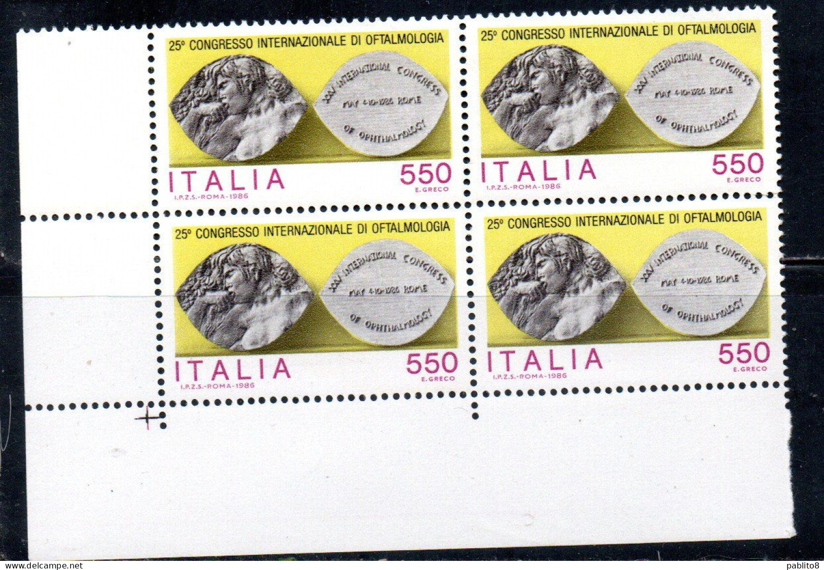 ITALIA REPUBBLICA ITALY REPUBLIC 1986 CONGRESSO DI OFTALMOLOGIA QUARTINA ANGOLO DI FOGLIO BLOCK MNH - 1981-90:  Nuovi