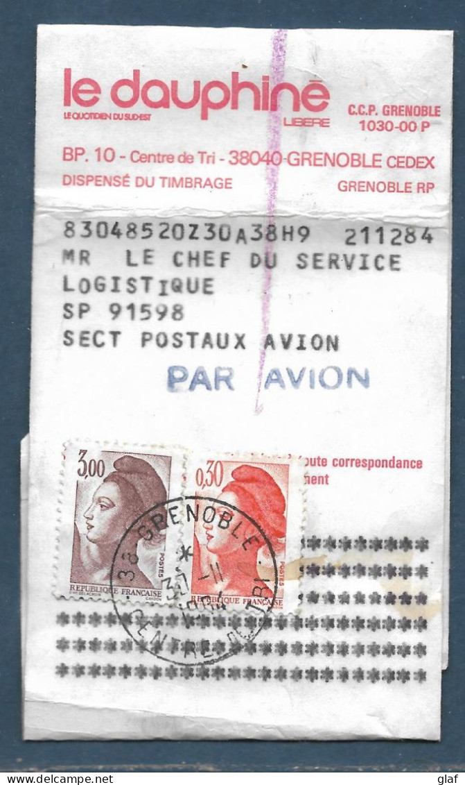 Bande De Journal Par Avion Pour Secteur Postal 91598 (Polynésie) Affr 3,00 Et 0,30 Liberté De Gandon Grenoble 20.10.1984 - 1982-1990 Liberté De Gandon