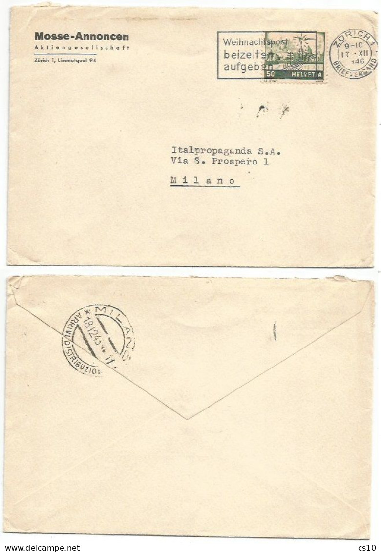 Suisse 1941 Airmail C.50 Green Variety "Weisses Dach" "White Roof" #29a Solo Franking Commerce AirCv To Milano 17dec1946 - Sammlungen