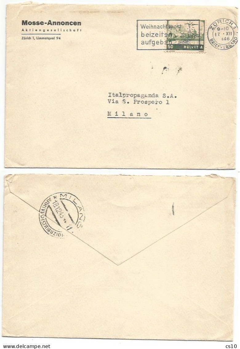 Suisse 1941 Airmail C.50 Green Variety "Weisses Dach" "White Roof" #29a Solo Franking Commerce AirCv To Milano 17dec1946 - Lotes/Colecciones