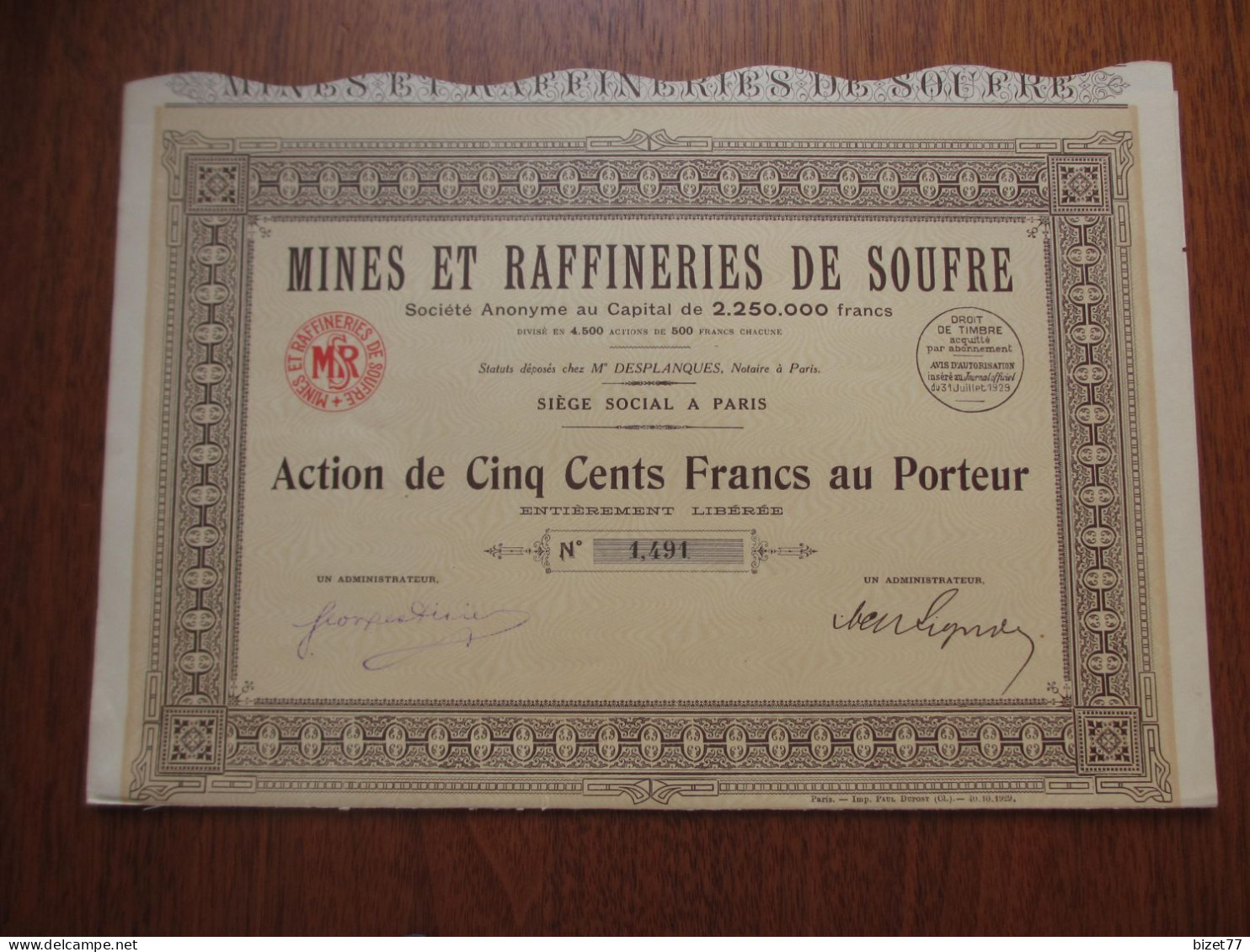 FRANCE - PARIS 1929 - MINES ET RAFFINERIES DE SOUFFRE - ACTION DE 500 FRS - Autres & Non Classés