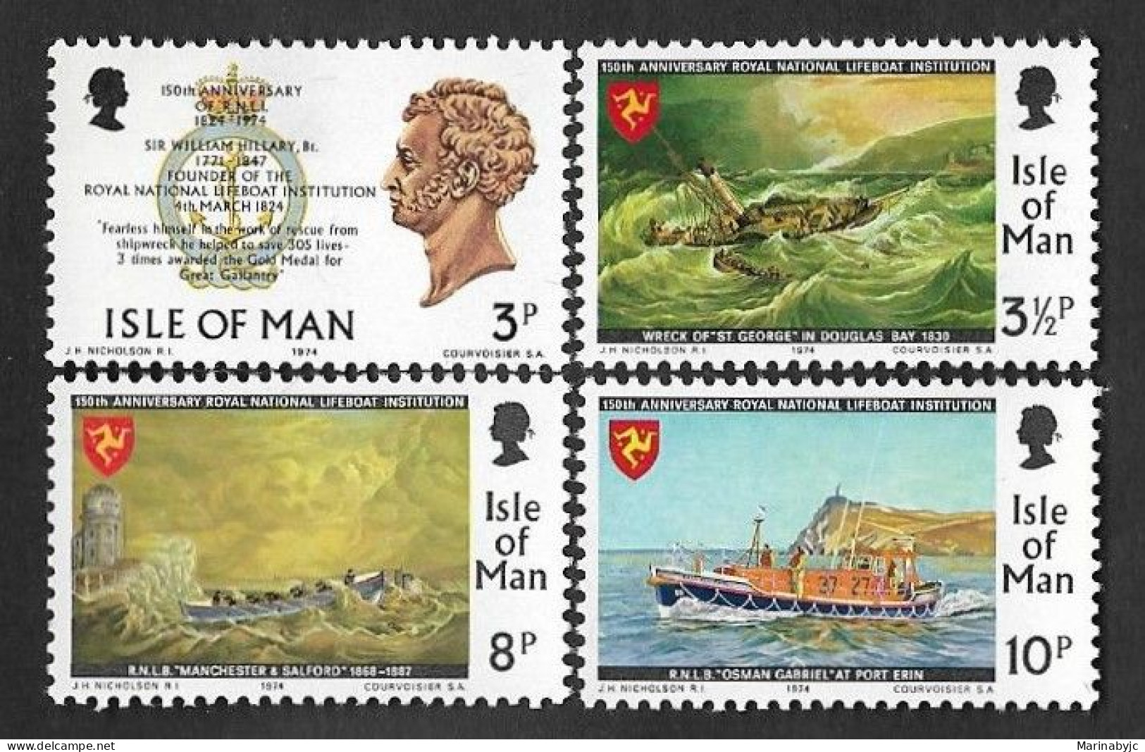 SE)1974 ISLE OF MAN  BOAT SHORT SERIES, 150TH ANNIVERSARY OF THE RAEL MARINE RESCUE INSTITUTION, 4 STAMPS MNH - Man (Ile De)