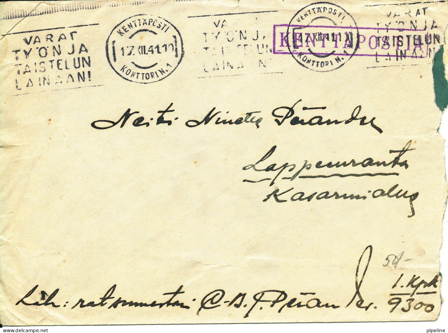 Finland Feldpost Cover  Kenttäpesti 17-12-1941 Konttoorin. 1  Cover Damaged In The Right Side By Opening - Lettres & Documents