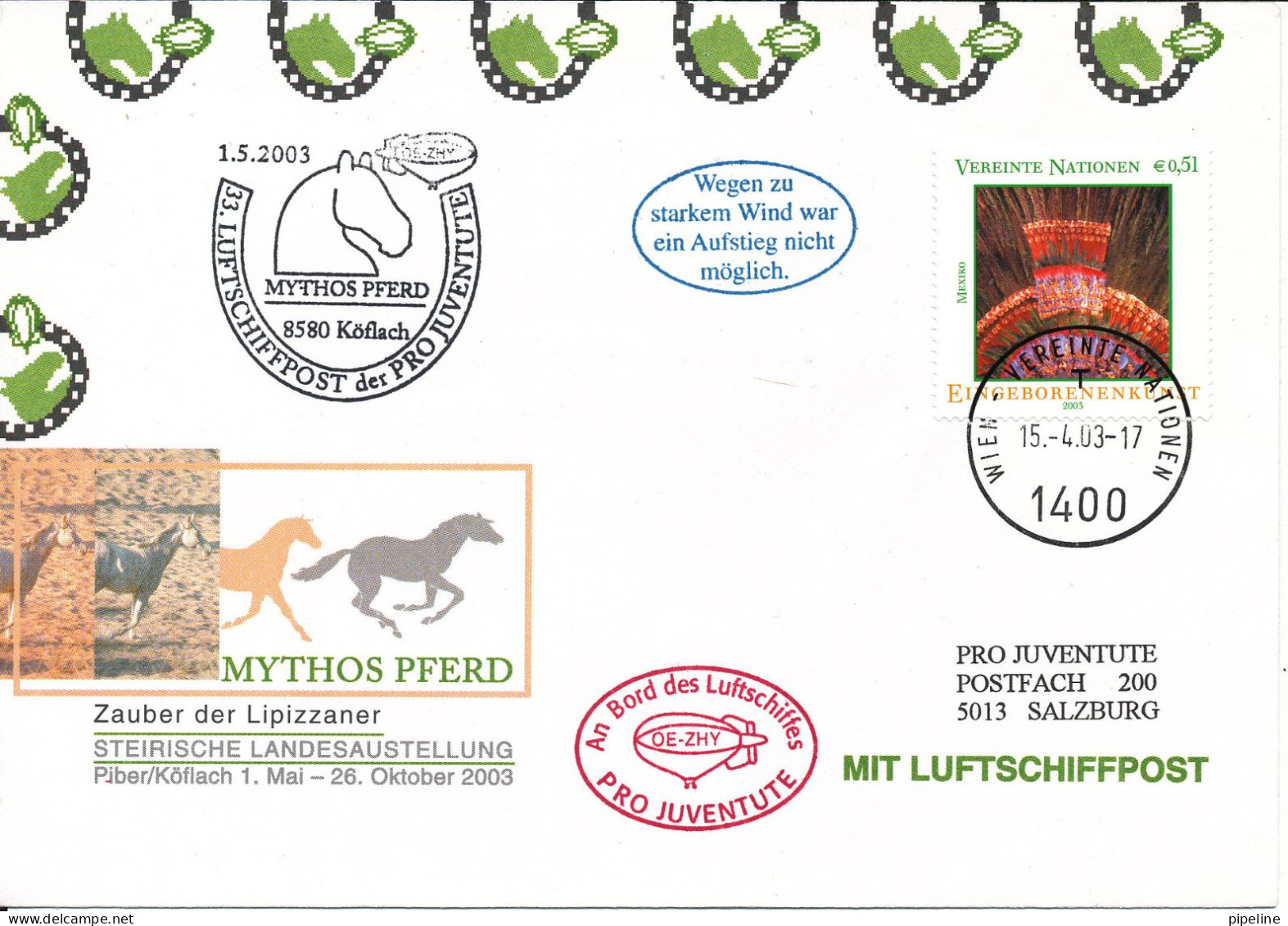 Austria UN Vienna AIRSHIP MAIL Pro Juventute Number 33 Wien 15-4-2003 And Köflach 1-5-2003 With More Postmarks - New York/Geneva/Vienna Joint Issues
