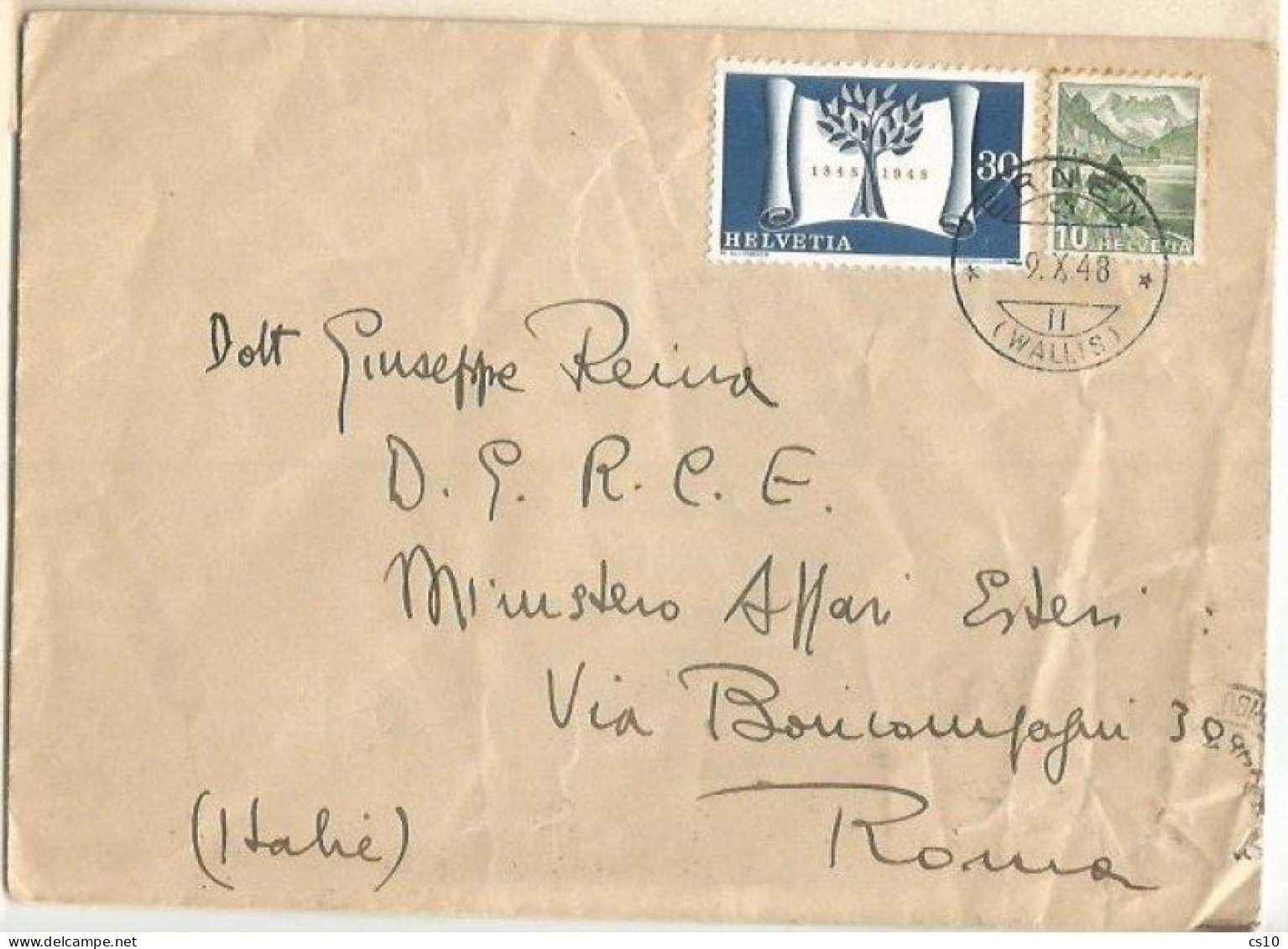 Suisse Cover Erner 9oct1948 To Italy With Constitution C.30 + Landscapes C.10 - Poststempel