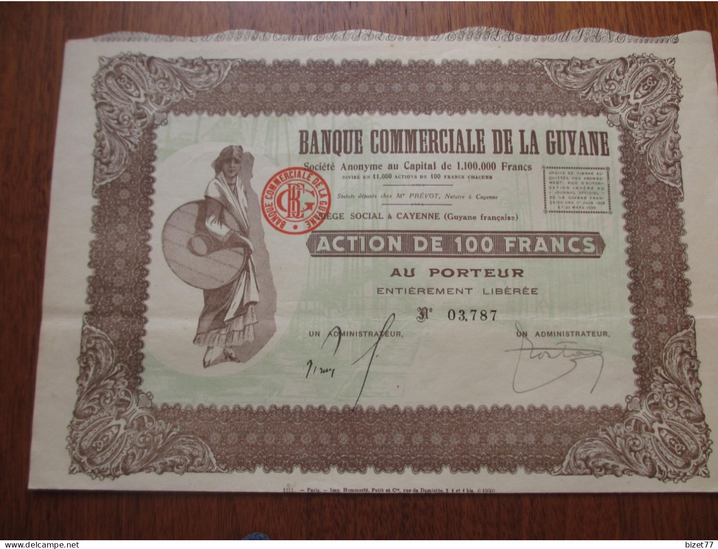 FRANCE - GUYANE FRANCAISE - BANQUE COMMERCIALE DE LA GUYANNE - ACTION DE 100 FRS - 1930 - RARE, BELLE DECO - Autres & Non Classés