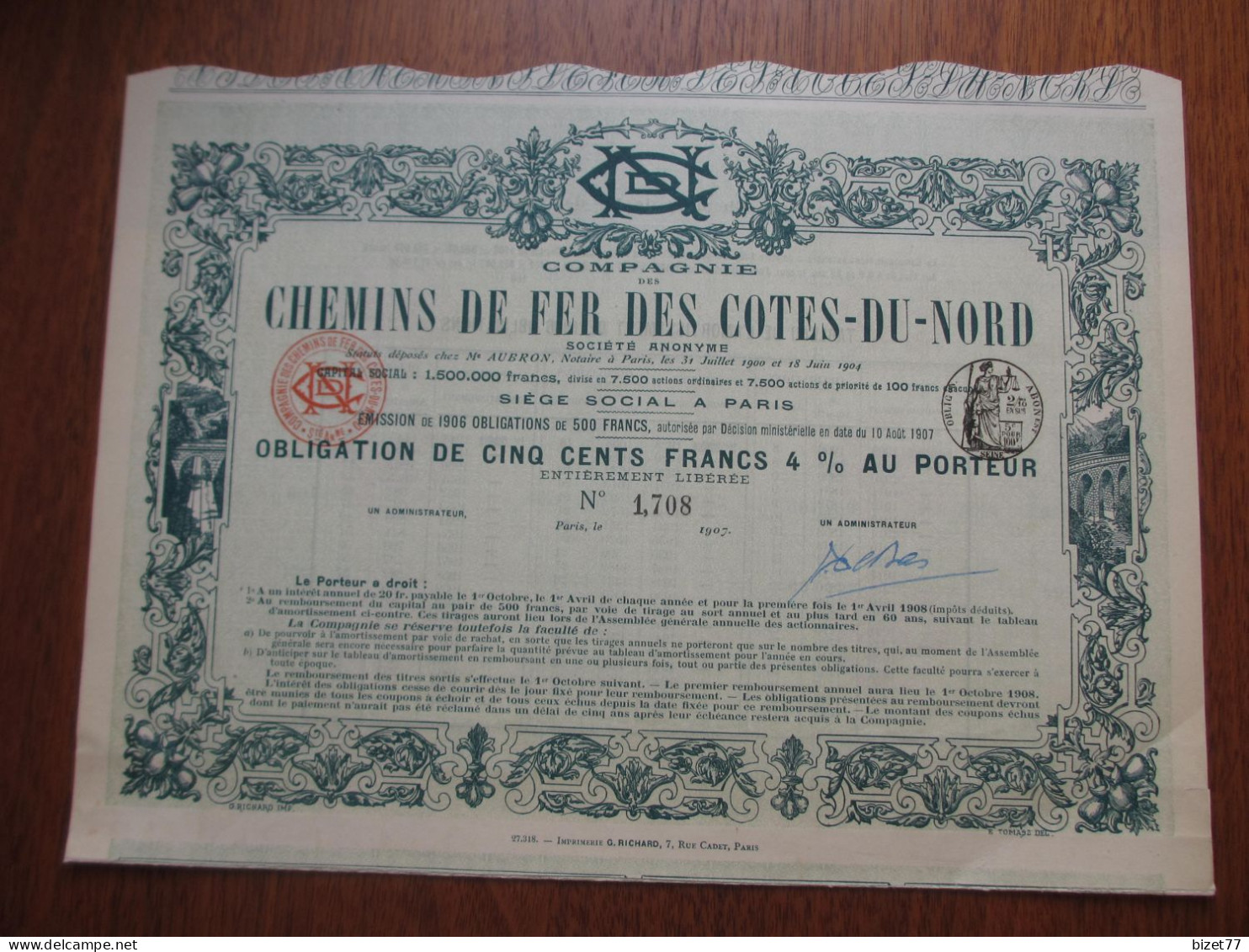 FRANCE - 22 - CHEMINS DE FER DES COTES-DU-NORD , OBLIGATION DE 500 FRS 4% - PARIS 1907 - IMPRIMERIE RICHARD - Autres & Non Classés