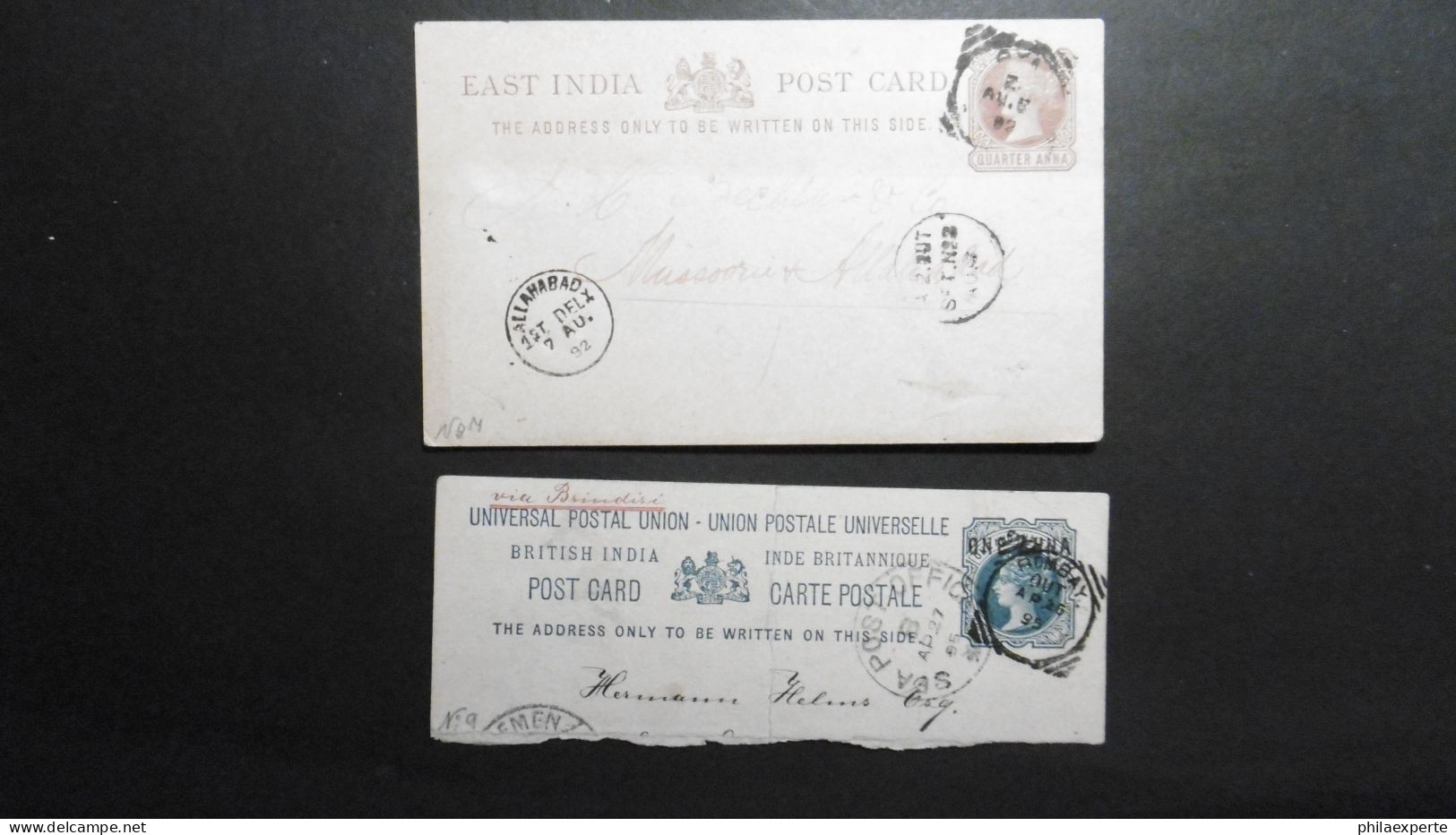 Indien GA Karte 1/4 Anna Braun 1892 Nach Allamabad Dazu GA Teil Überdruck Gestempelt Bombay - 1858-79 Compagnia Delle Indie E Regno Della Regina