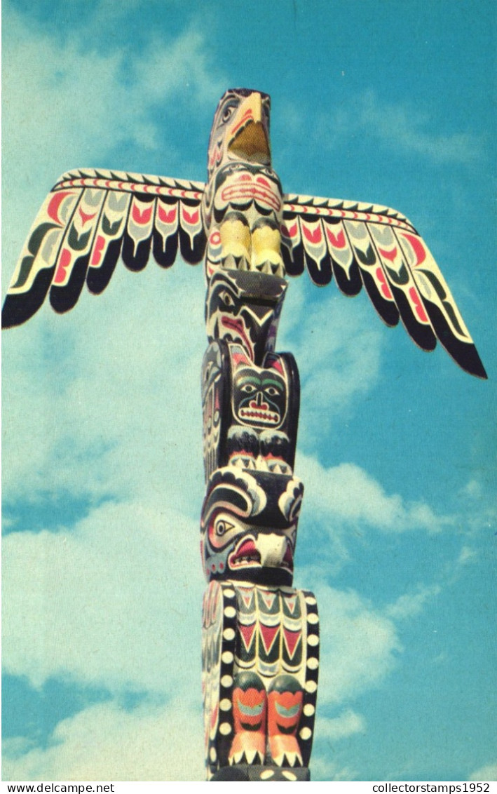 BRITISH COLUMBIA, EAGLE THUNDERBIRD TOTEM POLE, FINE ARTS, SCULPTURE, CANADA, POSTCARD - Otros & Sin Clasificación