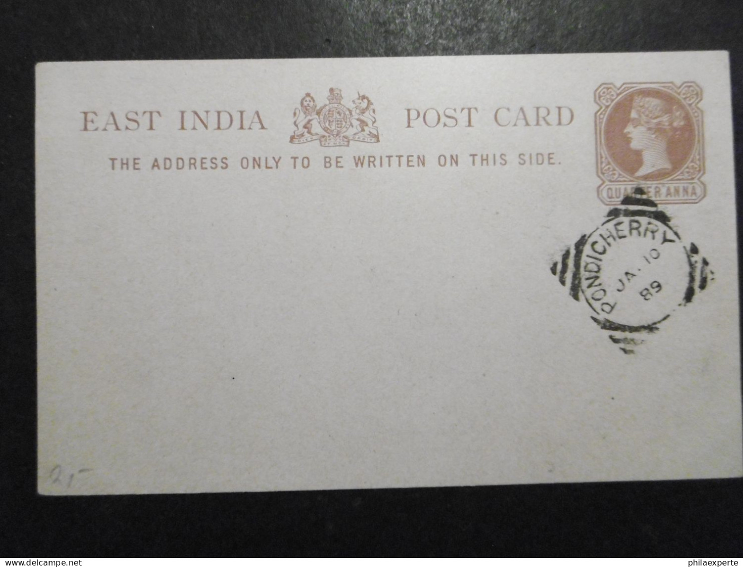 Indien GA Karte 1/4 Anna Braun (12,2x7,5 Cm) Blanko Gestempelt Pondichetty JA 10(1889) - 1858-79 Compañia Británica Y Gobierno De La Reina