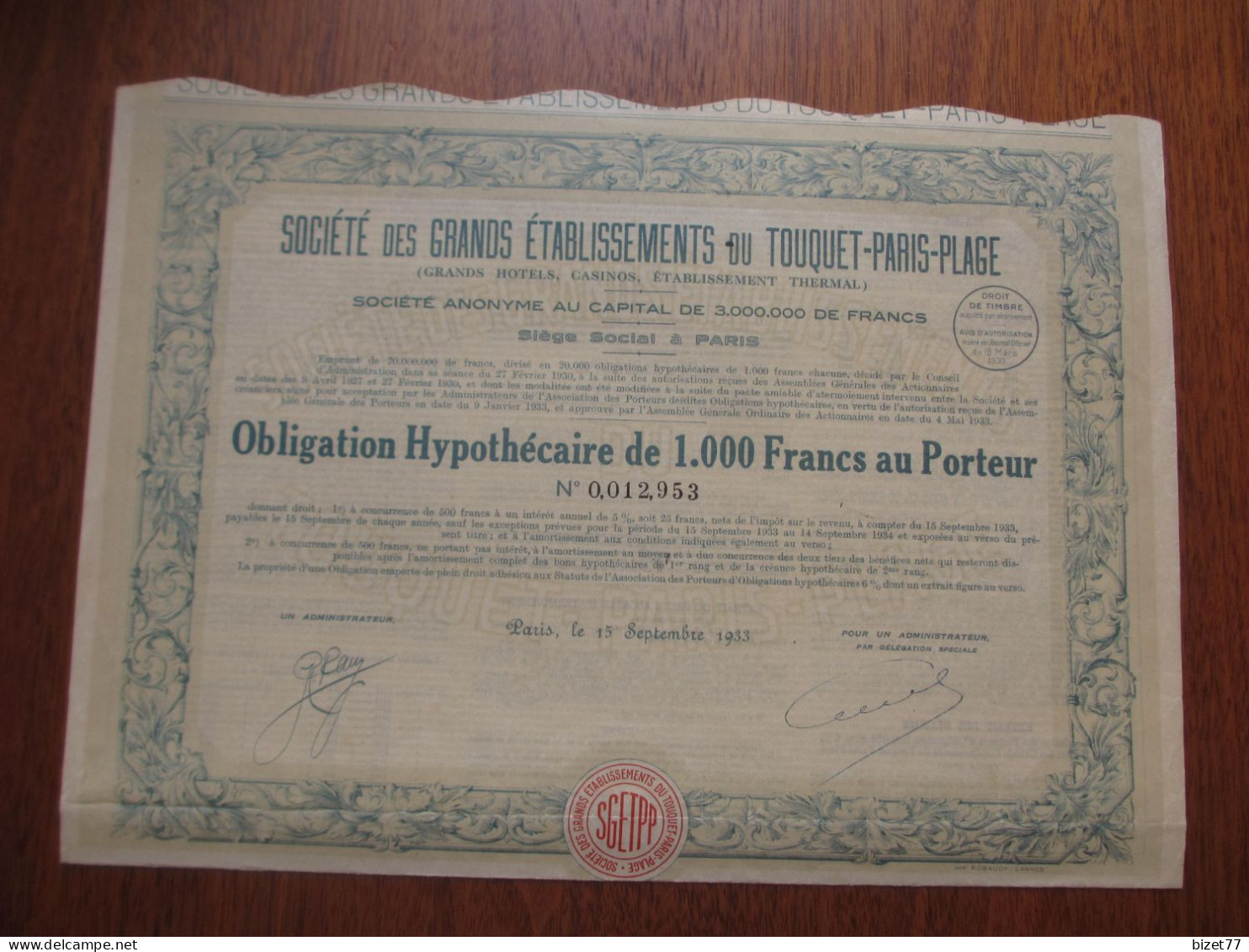 FRANCE - 62 - PAS DE CALAIS - GRANDS ETS. DU TOUQUET-PARIS-PLAGE , OBLIGATION HYPOTHECAIRE DE 1 000 FRS - PARIS 1933 - Autres & Non Classés