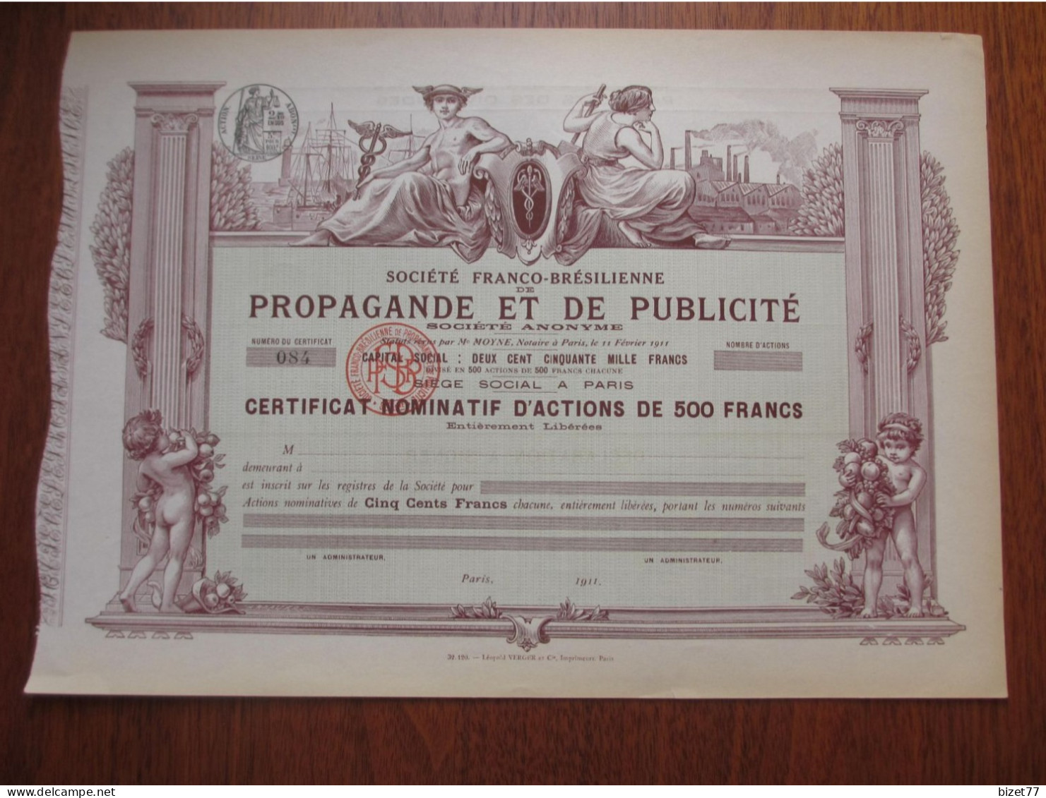 FRANCE - STE FRANCO-BRESILIENNE DE PROPAGANDE ET DE PUBLICITE - CERTIFICAT D'ACTIONS DE 500 FRS - PARIS 1911 - NON EMIS - Autres & Non Classés