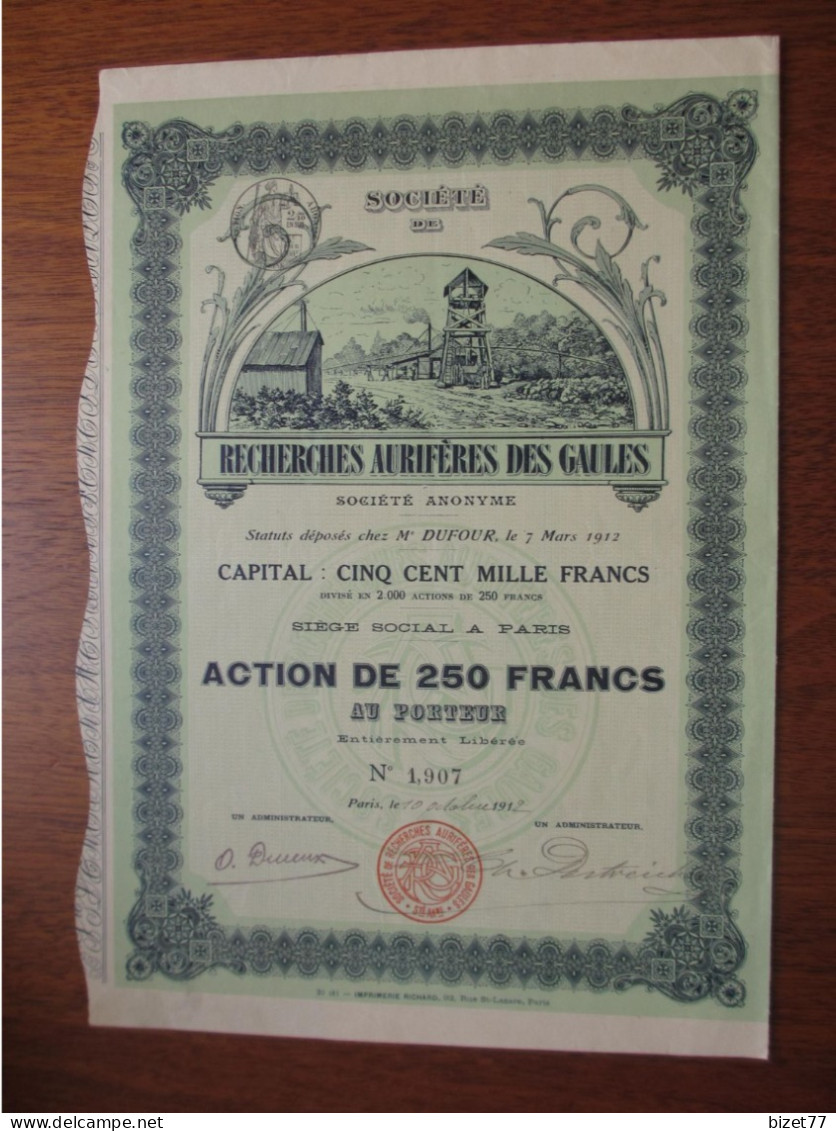 FRANCE - PARIS 1912 - RECHERCHE AURIFERES DES GAULES - ACTION DE 250 FRS - BELLE DECO - IPRIMERIE RICHARD - Autres & Non Classés