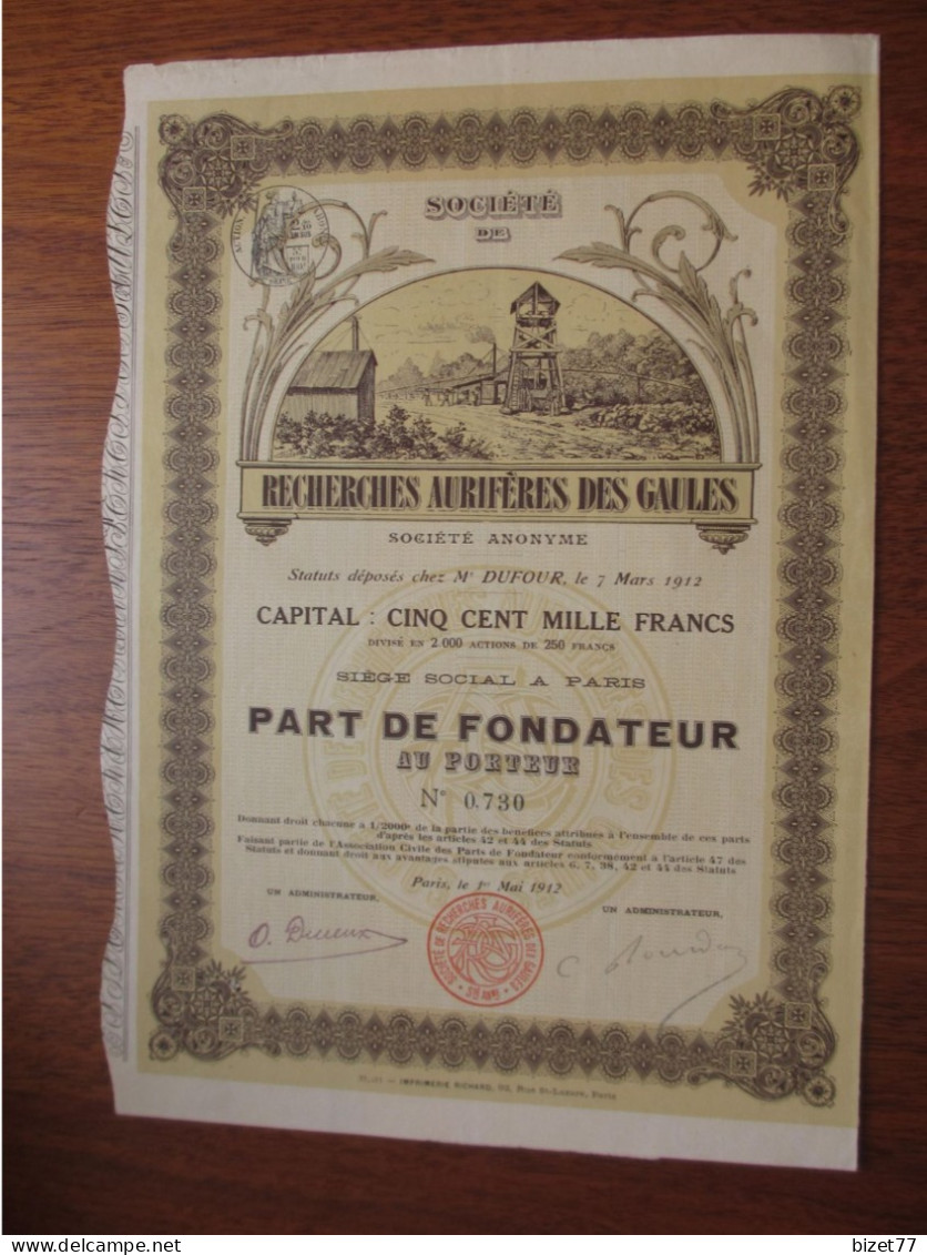FRANCE - PARIS 1912 - RECHERCHE AURIFERES DES GAULES - PART DE FONDATEUR - BELLE DECO - IPRIMERIE RICHARD - Autres & Non Classés