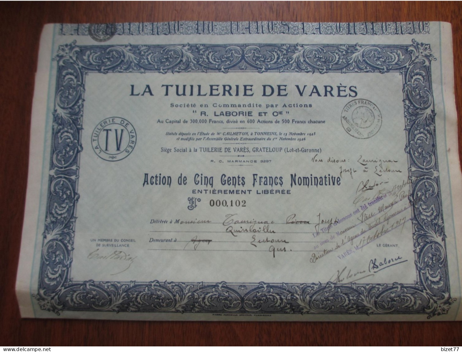 FRANCE - 47 - LOT & GARONNE - GRATELOUP 1926 - LA TUILERIE DE VARES : R. LABORIE - ACTION DE 100 FRS - Autres & Non Classés