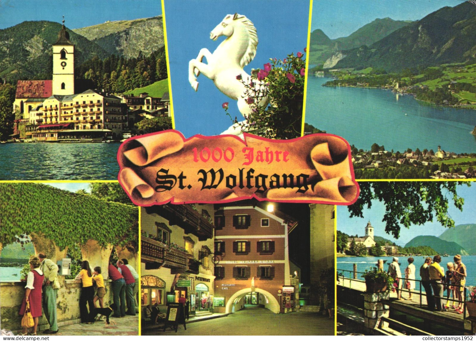 ST. WOLFGANG, MULTIPLE VIEWS, ARCHITECTURE, CHURCH, TOWER WITH CLOCK, HORSE, STATUE, DOG, AUSTRIA, POSTCARD - St. Wolfgang