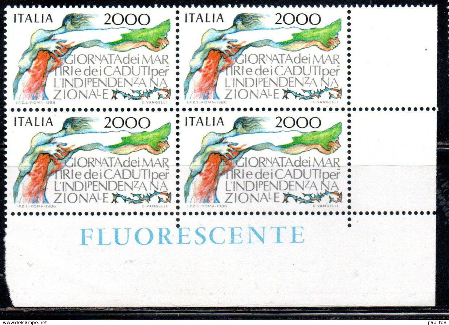 ITALIA REPUBBLICA ITALY 1986 GIORNATA DEI MARTIRI E CADUTI PER L'INDIPENDENZA NAZIONALE QUARTINA ANGOLO DI FOGLIO MNH - 1981-90: Mint/hinged