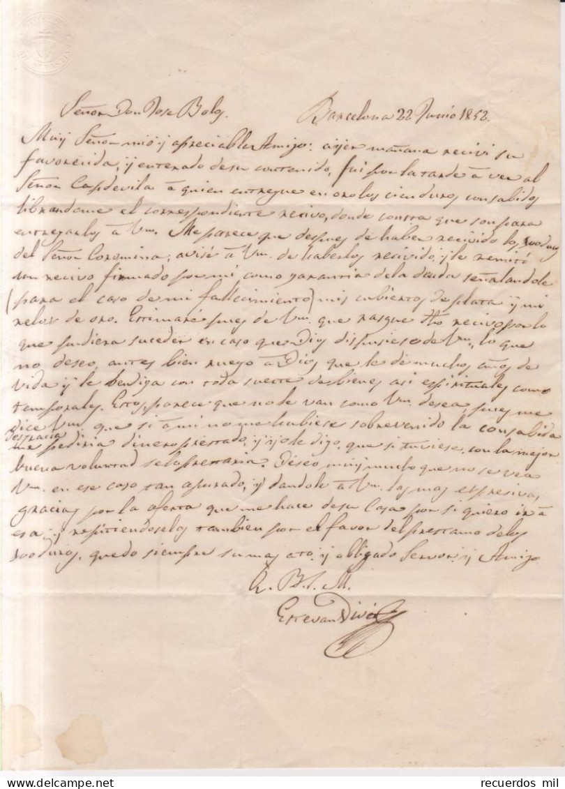 Año 1852 Prefilatelia Carta  Marca Barcelona Cataluña Esteban Viver - ...-1850 Vorphilatelie