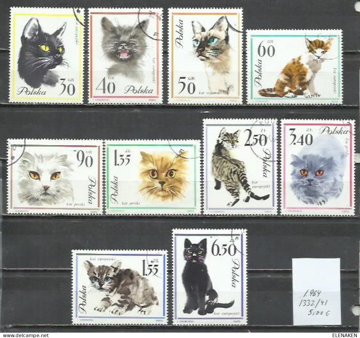 0431Q- SERIE COMPLETA GATOS FELINOS POLONIA 1964 Nº 1332/1241 MUY BONITOS. - Used Stamps