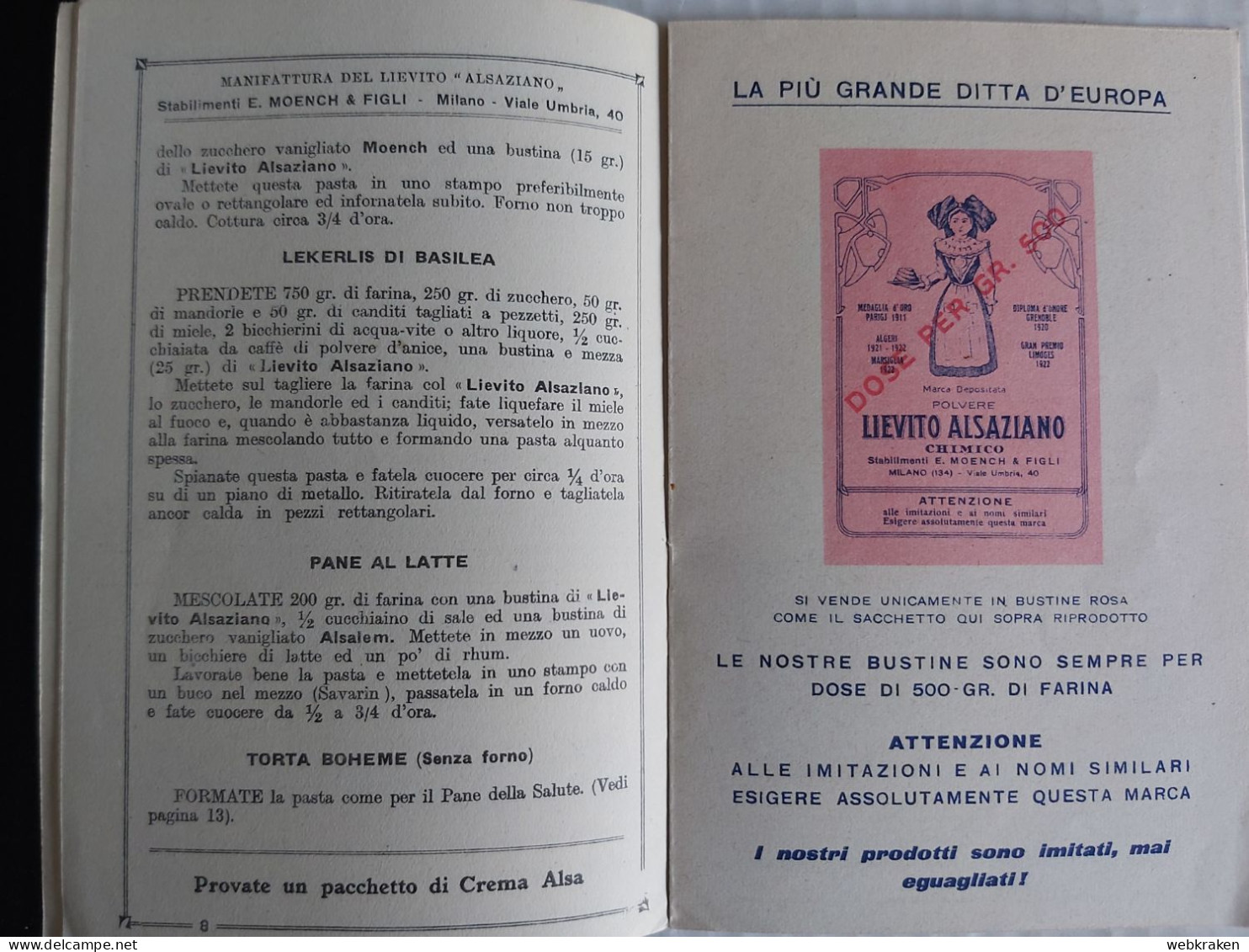 LIBRETTO RICETTE RICETTARIO DOLCI PASTICCERIA STABILIMENTO MOENCH MILANO - Werbung