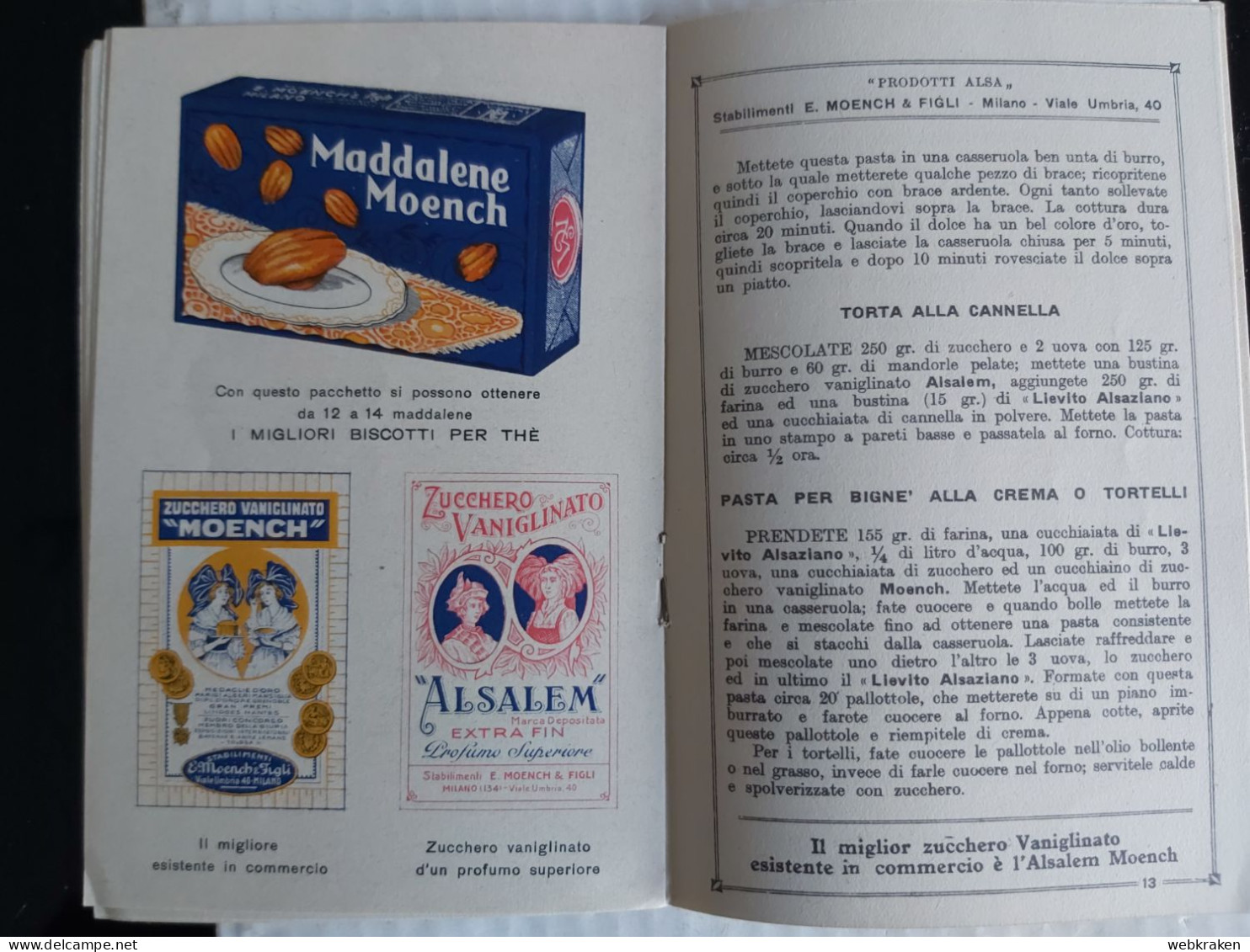 LIBRETTO RICETTE RICETTARIO DOLCI PASTICCERIA STABILIMENTO MOENCH MILANO - Werbung