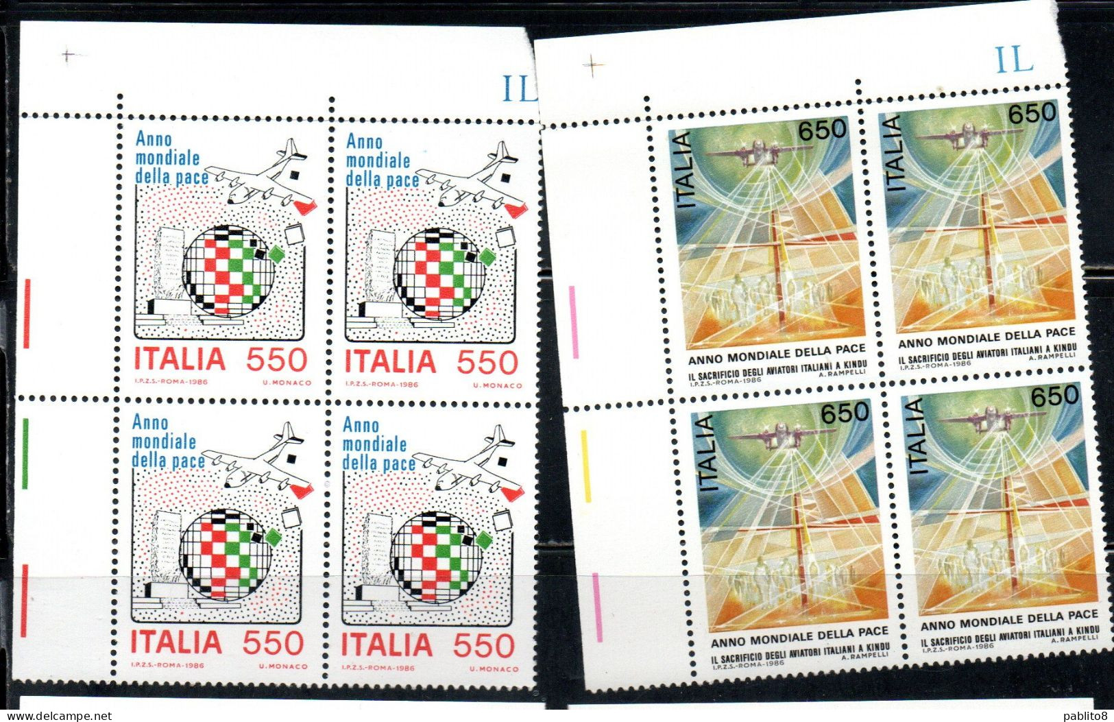 ITALIA REPUBBLICA ITALY REPUBLIC 1986 ANNO MONDIALE DELLA PACE PEACE YEAR SERIE QUARTINA ANGOLO DI FOGLIO MNH - 1981-90: Neufs