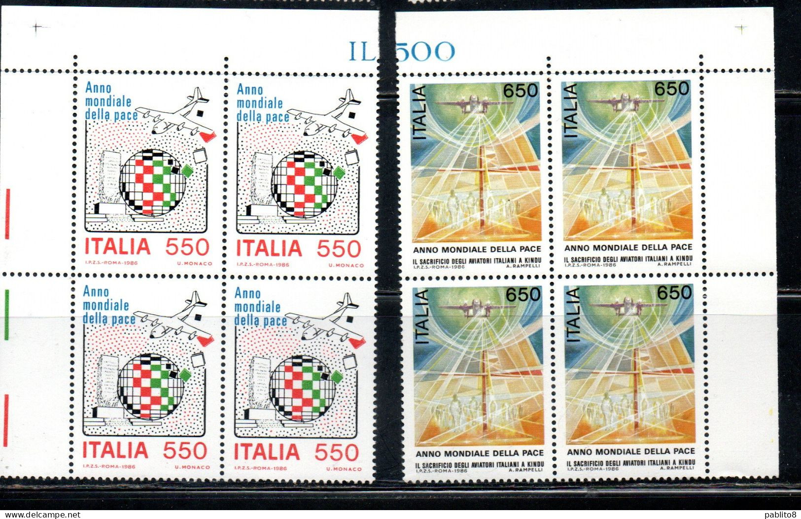 ITALIA REPUBBLICA ITALY REPUBLIC 1986 ANNO MONDIALE DELLA PACE PEACE YEAR SERIE QUARTINA ANGOLO DI FOGLIO MNH - 1981-90: Nieuw/plakker