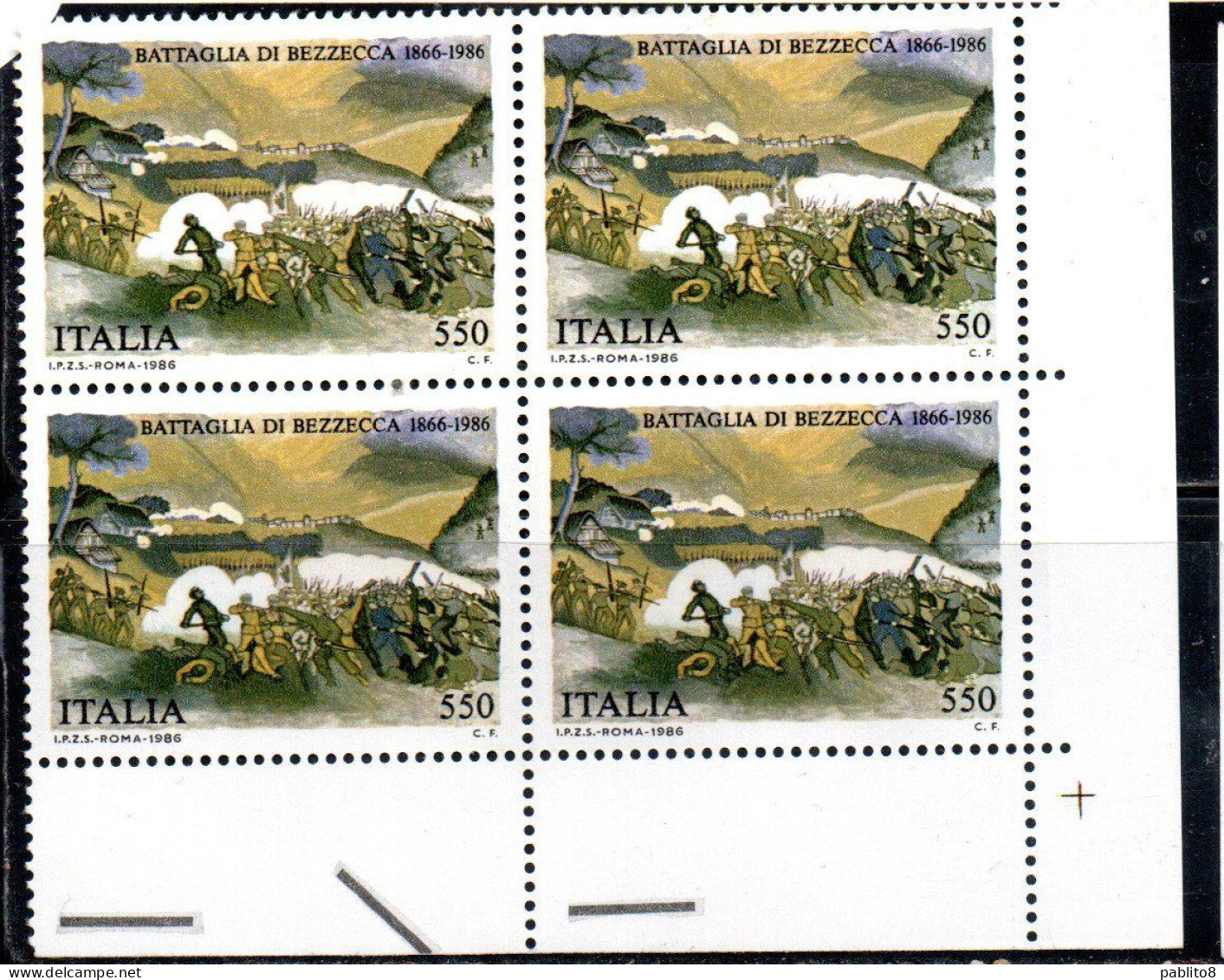 ITALIA REPUBBLICA ITALY REPUBLIC 1986 BATTAGLIA DI BEZZECCA QUARTINA ANGOLO DI FOGLIO BLOCK MNH - 1981-90: Neufs