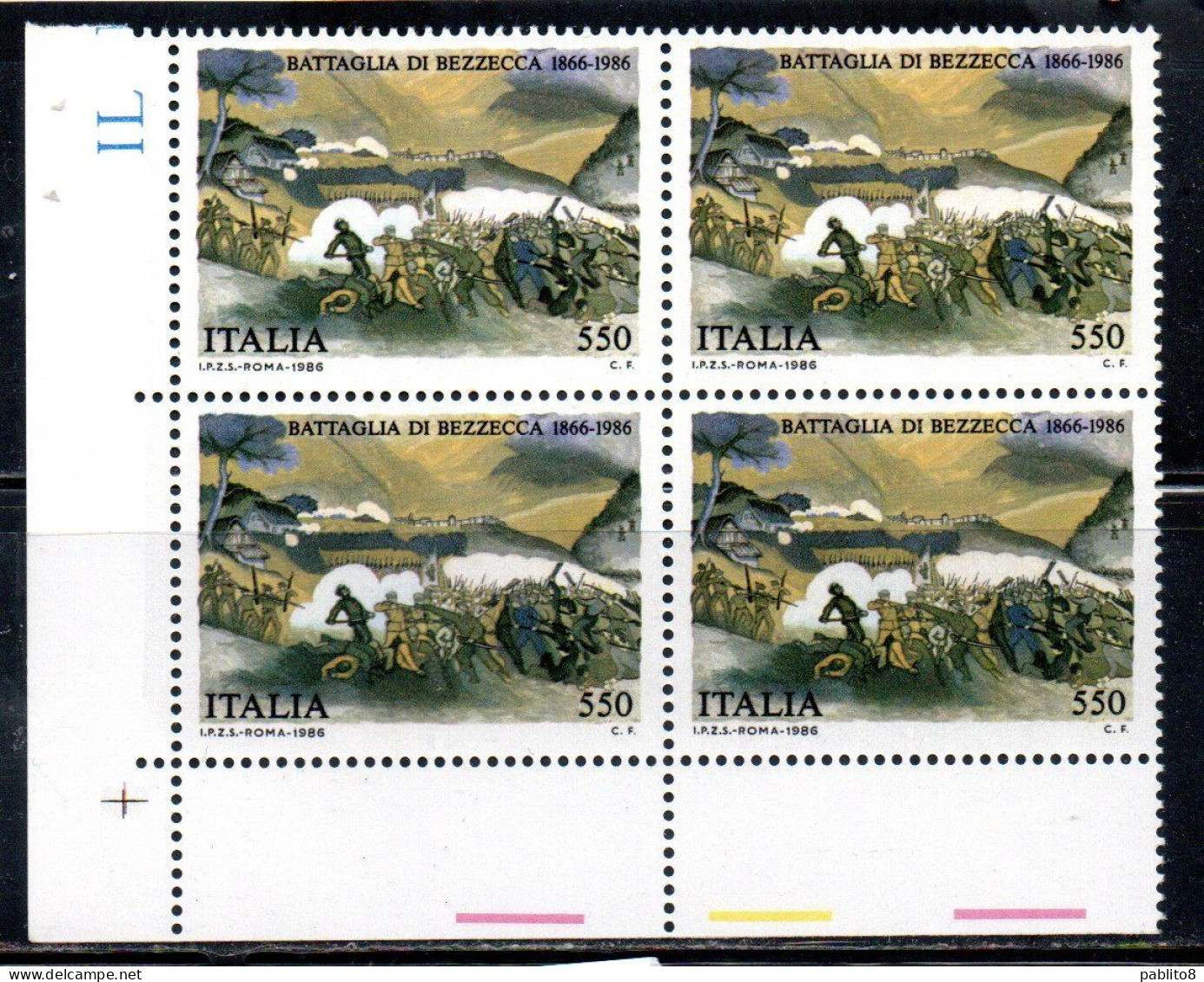 ITALIA REPUBBLICA ITALY REPUBLIC 1986 BATTAGLIA DI BEZZECCA QUARTINA ANGOLO DI FOGLIO BLOCK MNH - 1981-90:  Nuovi