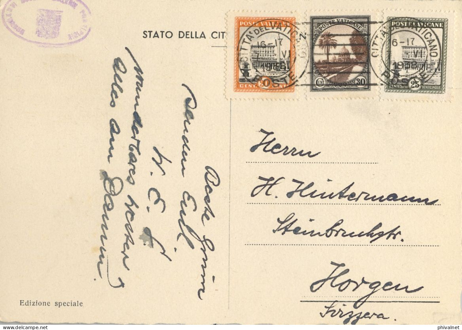 1938 VATICANO , TARJETA POSTAL CIRCULADA , SERIE BÁSICA , YV. 47 / 49 , PLAZA DE SAN PEDRO , JARDINES DEL VATICANO - Lettres & Documents