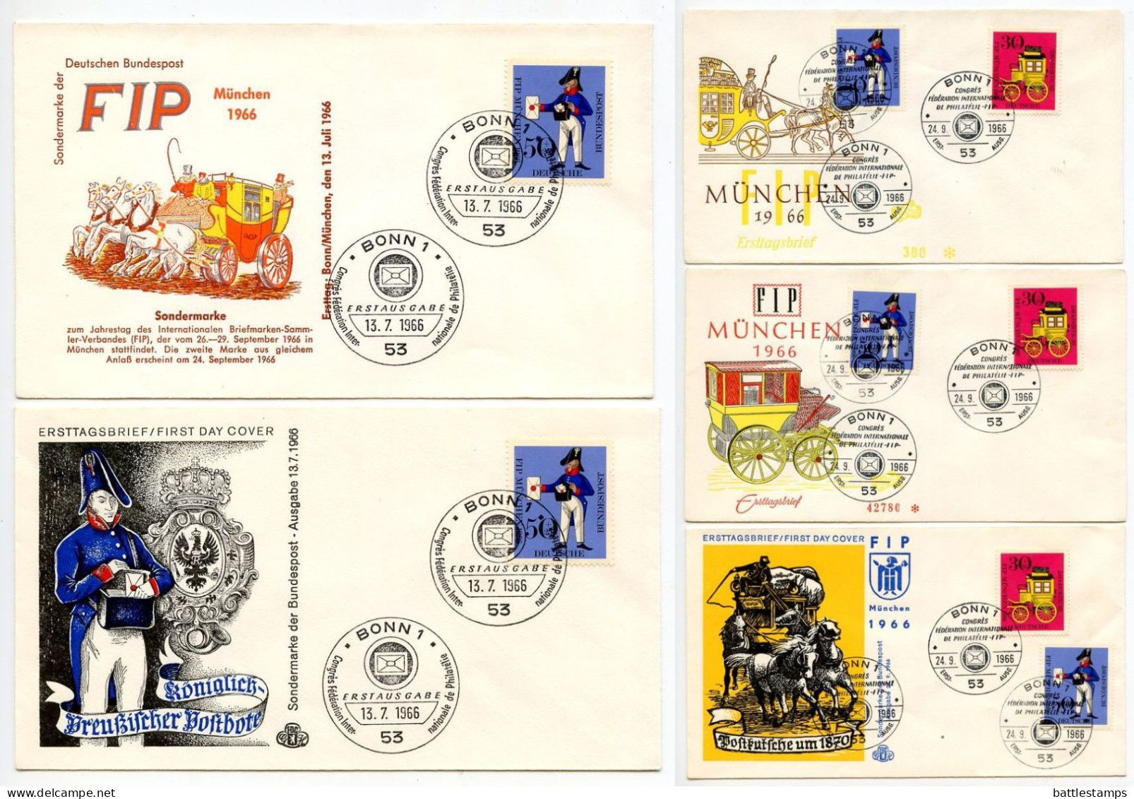 Germany, West 1966 5 FDCs Scott B416-B417 Prussian Letter Carrier & Bavarian Mail Coach / FIP - 1961-1970