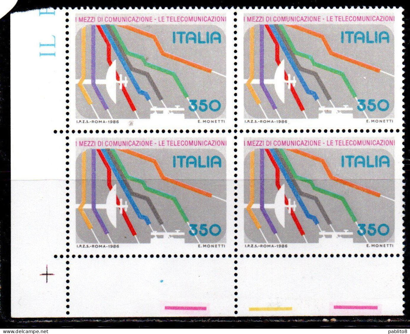 ITALIA REPUBBLICA ITALY REPUBLIC 1986 I MEZZI DI COMUNICAZIONE LE TELECOMUNICAZIONI QUARTINA ANGOLO DI FOGLIO  BLOCK MNH - 1981-90: Neufs