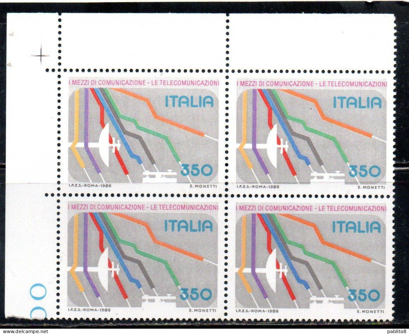 ITALIA REPUBBLICA ITALY REPUBLIC 1986 I MEZZI DI COMUNICAZIONE LE TELECOMUNICAZIONI QUARTINA ANGOLO DI FOGLIO  BLOCK MNH - 1981-90:  Nuevos