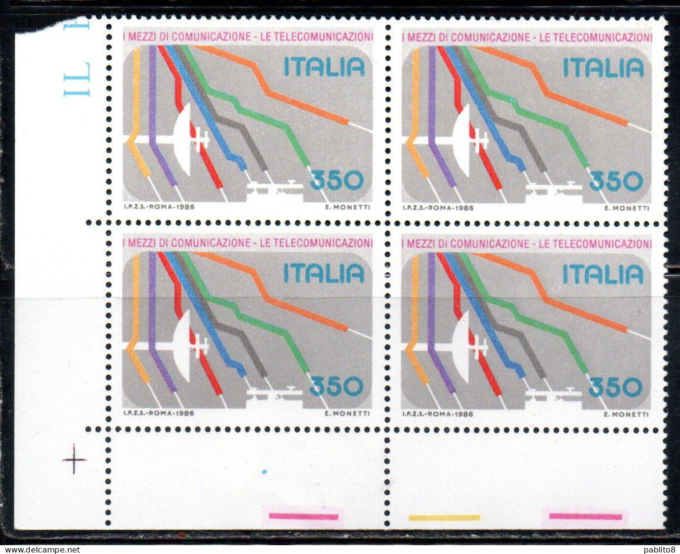 ITALIA REPUBBLICA ITALY REPUBLIC 1986 I MEZZI DI COMUNICAZIONE LE TELECOMUNICAZIONI QUARTINA ANGOLO DI FOGLIO  BLOCK MNH - 1981-90: Nieuw/plakker