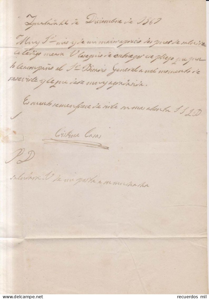 Año 1867 Edifil 96 Isabel II 2 Sellos Carta Matasellos Ygualada Barcelona Cristina Casas - Lettres & Documents